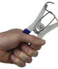 Hand holding Spring Loaded Pliers And 4 Miter Clamp Kit Pro Grade Hand Tool Set With Lifetime Guarantee Made In The USA For Precise Miter Cuts