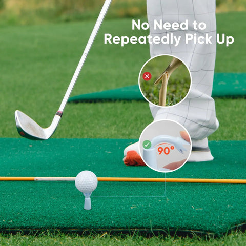 Golfer practicing on mat using Adjustable Rubber Golf Tees For Mats And Driving Range Your Swing Height Solved Unbreakable Tees