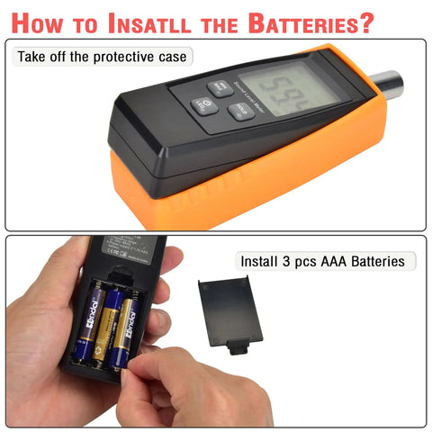 Portable Handheld Sound Level Meter For Indoor And Outdoor Noise Testing, 30 To 130 dB, Backlit LCD Display, Max Min Hold Functions, The No Nonsense Practical Little Tool For Noise Pollution Monitoring And Home Theater Setup; open battery compartment with 3 AAA batteries