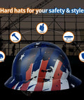 Rock Solid Full Brim Hard Hat With OSHA Certified Safety Helmet Super Lightweight Durable Frame Plus Six Point Ratchet Suspension For All Day Comfort And Kickass Protection On Any American Jobsite showing stylish design with stars and stripes.
