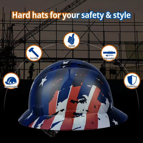 Rock Solid Full Brim Hard Hat With OSHA Certified Safety Helmet Super Lightweight Durable Frame Plus Six Point Ratchet Suspension For All Day Comfort And Kickass Protection On Any American Jobsite showing stylish design with stars and stripes.