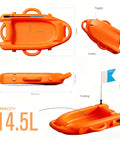 Orange spearfishing float buoy, 14.5L capacity, foldable carbon fiber flagpole, D-ring handles, underwater sports use