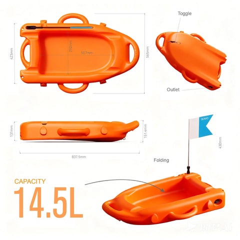 Orange spearfishing float buoy, 14.5L capacity, foldable carbon fiber flagpole, D-ring handles, underwater sports use