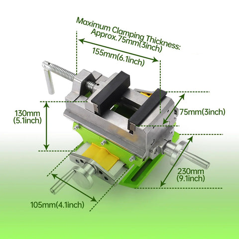 3 Inch Cross Slide Vise for Milling and Drilling Machines with dimensions, aluminum alloy body, two crank handles