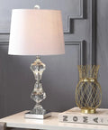 Crystal Column Table Lamp 26 Inches, Glam Transitional Chrome Metal Base With White Linen Shade on modern nightstand.
