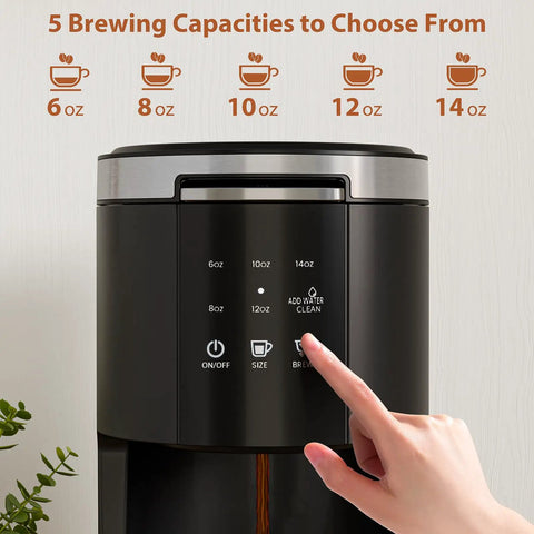 Two Way Single Serve Coffee Maker For Pods Or Ground Coffee, Quick Brew In 6 To 14 Ounce Sizes control panel with hand
