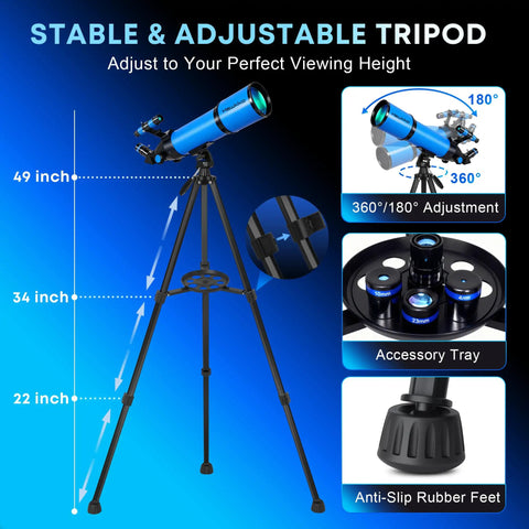 80mm Aperture 600mm Refractor Telescope For Beginners With AZ Tripod, adjustable height demonstration, anti-slip feet