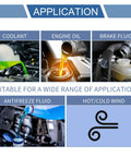 Applications for liquids like coolant, engine oil, brake fluid, antifreeze fluid, and hot/cold wind illustration