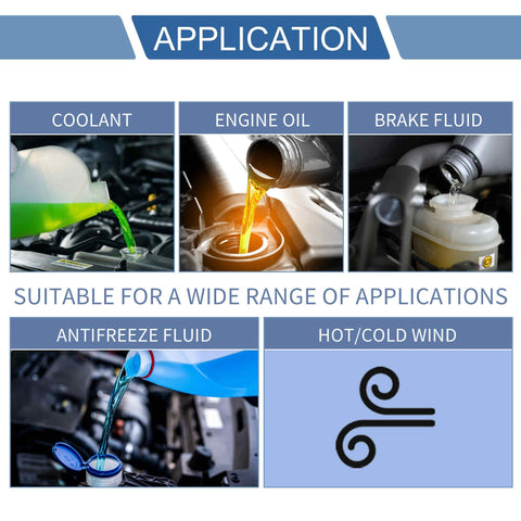 Applications for liquids like coolant, engine oil, brake fluid, antifreeze fluid, and hot/cold wind illustration