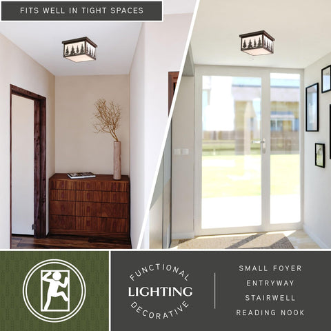 Rustic Burnished Bronze Flush Mount Ceiling Light With White Tiffany Glass installed in hallway, small foyer, entryway.