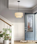 Killer 18 Inch Double Drum Pendant Light Featuring Dual Beige Linen Shades For Major Home Glow Up And Pro Level Ceiling Vibe In Your Dining Room Or Living Space, above entryway.