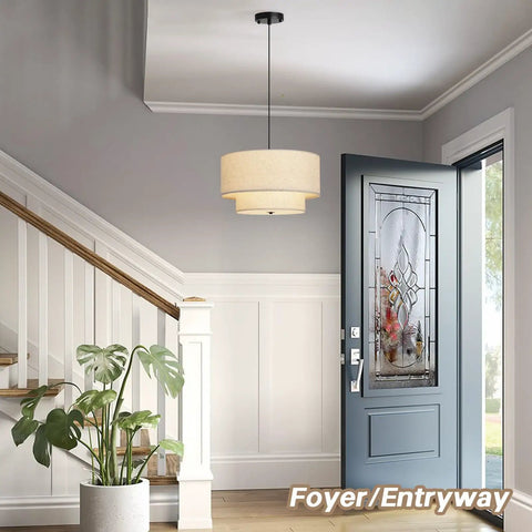 Killer 18 Inch Double Drum Pendant Light Featuring Dual Beige Linen Shades For Major Home Glow Up And Pro Level Ceiling Vibe In Your Dining Room Or Living Space, above entryway.