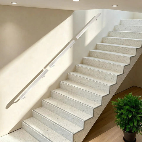 Heavy Duty Wall Mounted Stair Handrail Stainless Steel Safety Rail For Indoor Outdoor Use With Foolproof Pre Drilled Mounting and Solid 200 Pound Grip Support Finish on spacious staircase