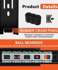 Product details of Heavy Duty Black Side Mount Drawer Slides Featuring Full Extension With Smooth As Butter Gliding Action No Sweat Install, showing rubber crash pads and ball bearings.