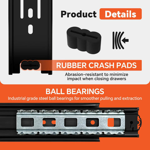 Product details of Heavy Duty Black Side Mount Drawer Slides Featuring Full Extension With Smooth As Butter Gliding Action No Sweat Install, showing rubber crash pads and ball bearings.