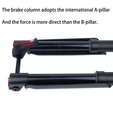 Close-up of Beefy Downhill Mountain Bike Front Fork with Air Suspension Inverted Thru Axle Boost 15x110mm showing brake column