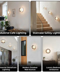 Modern Round LED Wall Sconce, 8W Smoke Grey Striped Glass Vanity Light in an industrial cafe setting.