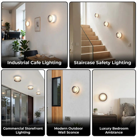 Modern Round LED Wall Sconce, 8W Smoke Grey Striped Glass Vanity Light in an industrial cafe setting.