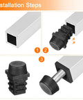 Installation steps for 4 Pack Adjustable Furniture Leveling Feet, M6 Screw In Square Tube Glides with black plastic components.