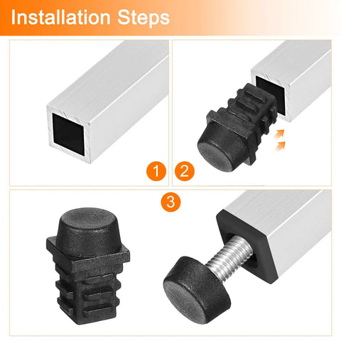 Installation steps for 4 Pack Adjustable Furniture Leveling Feet, M6 Screw In Square Tube Glides with black plastic components.