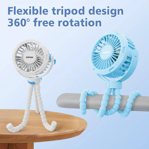 Mini Portable Baby Stroller Fan On The Go, 3 Speed Personal Handheld Cooling, Battery Powered Rechargeable, 360 Degree Flexible Tripod