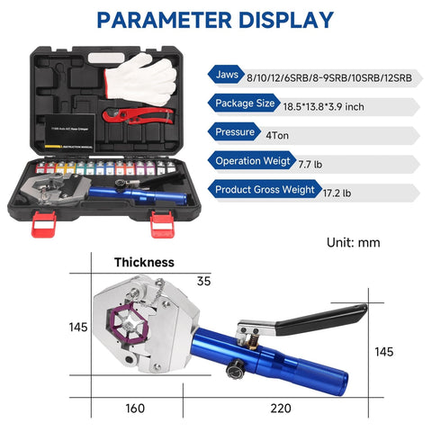 Hydraulic Hose Crimper For Auto AC Handheld Crimp Tool With Snap On 7 Die Set. Includes aluminum tool and storage case with dies.