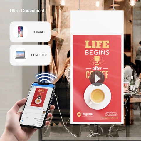 55 Inch FHD Dual Sided LCD Panel With Badass 700 Nit Glow For Window Facing Digital Screens Running Smooth Android And HDMI Ports Top Shelf Commercial Build Slim Frame showing a coffee advertisement in a cafe.