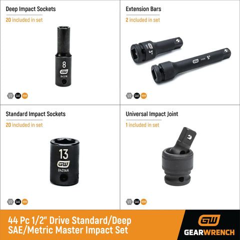 44 Piece 1/2 Inch Drive Impact Socket Set With Standard And Deep SAE/MM Sockets, Off-Corner Loading, shown with components