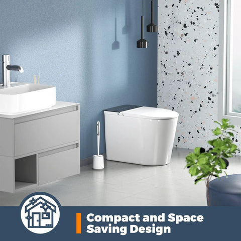 Three Pack Toilet Brushes With Holder For Deep Cleaning shown in a modern bathroom near a white toilet and compact sink.