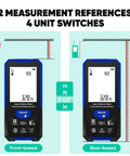 Pro Grade Laser Distance Meter 328ft with Dual Bubble Levels for Easy Indoor Outdoor Measuring, Perfect for Area, Volume and Pythagoras Calculations, Long Range Tool with Battery Included front-based and rear-based measurement display