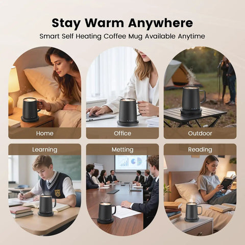 14 Oz Self Heating Coffee Mug With Quick Rechargeable Battery in home, office, outdoor, and learning settings.