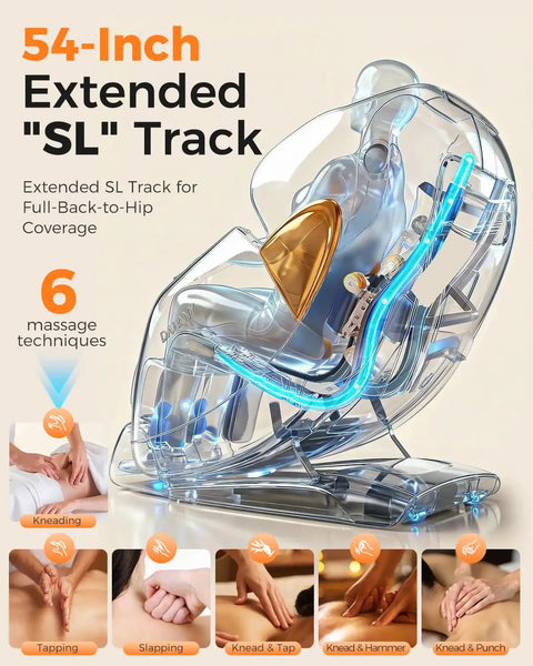 Transparent view of Next Level Upgrade 3D Massage Chair with AI Voice Control showing extended SL track and massage techniques.