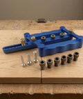 Dead On Drill Guide Jig For Zero Hassle Cabinet Assembly And Drawer Projects Features Pro Grade Router Template with pins and sleeves.
