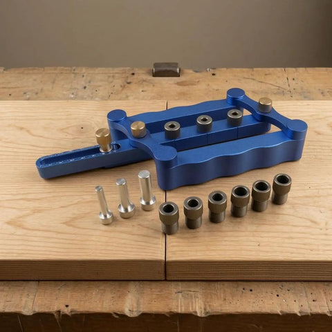 Dead On Drill Guide Jig For Zero Hassle Cabinet Assembly And Drawer Projects Features Pro Grade Router Template with pins and sleeves.