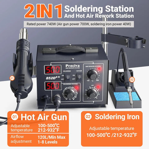 Two In One Hot Air Rework Soldering Station Kit With Adjustable Holder Auto Sleep And Calibration For Electronics Repair