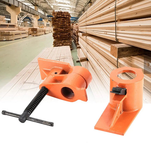 1 Inch Pipe Clamp Vise For Woodworking Beef Up Your Glue Ups And Drilling Sessions With A Solid Cast Steel Hold, visible in a workshop.