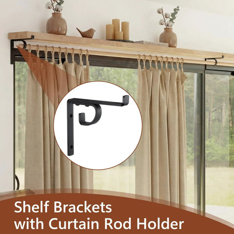 Two Pack Heavy Duty Shelf Brackets With Curtain Rod Holder 6 x 6 Inch Black Iron Wall Mount Supports for curtains and shelves