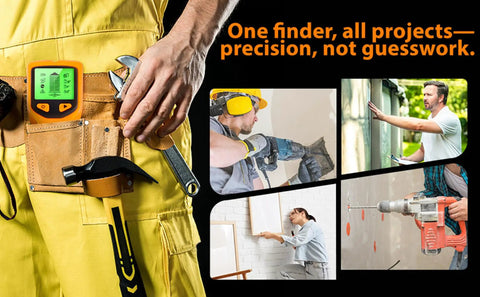 No Sweat 5 In 1 Handheld Stud Finder And Wall Scanner With Auto Calibrating Sensor Sharp Audio Alarm And Exact Center Edge Detection For Wood Studs Metal Beams Live Ac Electrical Wires And Water Pipes Behind Drywall For Quick Diy Fixups