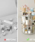 Clear Acrylic Rotating Makeup Organizer With Eight Adjustable Trays And A Smooth 360 Spin Base To Keep Your Daily Skincare Stash Neat As Pin, before and after comparison