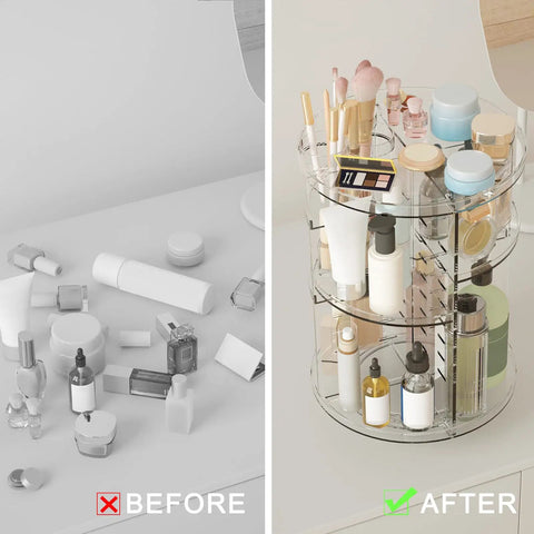 Clear Acrylic Rotating Makeup Organizer With Eight Adjustable Trays And A Smooth 360 Spin Base To Keep Your Daily Skincare Stash Neat As Pin, before and after comparison