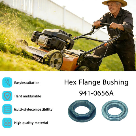 3 Pack Five Eighth Inch Hex Flange Bushing Replacement Set For 741-0656, 741-0656A, 941-0656, 941-0656A With ID Five Eighth Inch, OD Seven Eighths Inch, Quarter Inch Thick, Compatible With Oregon And MTD. Hex flange bushing set shown with lawn mower use