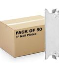 A box labeled 'Pack of 50 - 3-inch Nail Plates' next to a steel nail plate focused on '50 Pack Safety Nail Plates For Wood Studs 16 Gauge Steel With Zinc Plating Durable Heat And Corrosion Resistant 1.5 By 2.5 Inch Protect Plumbing And Wiring Anti Nail Shield For Home Renovations And DIY Projects Made In USA.'