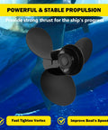 Beefed-Up 3 Blade Aluminum Outboard Propeller 15.25 Inch Diameter 15 Pitch Right Hand Rotation against blue background