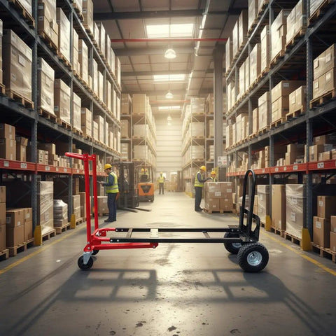 Convertible Hand Truck Dolly Cart Built To Haul Heavy Stuff With Four Wheels, Industrial Grade 1000 Lb Load, in warehouse setting