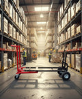 Heavy Duty Convertible Hand Truck Dolly Cart With Four Smooth Rolling Wheels And 1000 Pound Capacity for warehouse freight moves in a busy storage area.