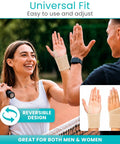 Smiling woman wearing Adjustable Wrist Wrap Braces 2 Pack for Carpal Tunnel Tendonitis Arthritis playing tennis on a sunny day