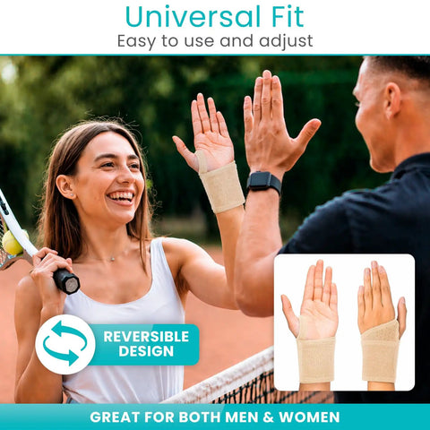 Smiling woman wearing Adjustable Wrist Wrap Braces 2 Pack for Carpal Tunnel Tendonitis Arthritis playing tennis on a sunny day