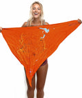 Person holding Yosemite Map Survival Bandana And Grab-and-Go Emergency Navigation Scarf, Blaze Orange, waterproof, 40x40x52 inches.
