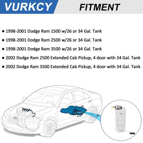 Diagram showing Electric Fuel Pump Module Assembly With Sending Unit For Dodge Ram 1500 1998 2001 2500 2500 3500 26 Or 34 Gallon Tank E7138M