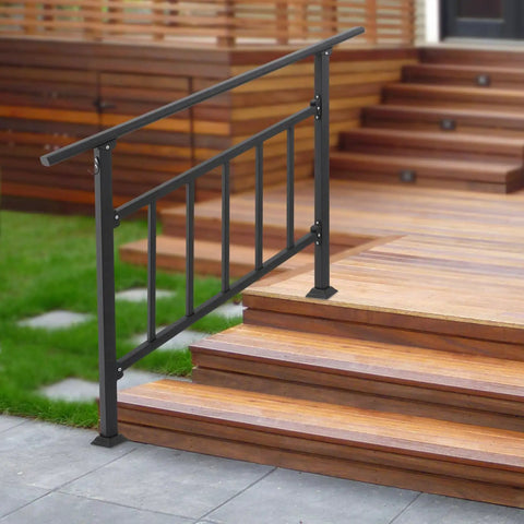 Heavy Duty 4 Step Stair Railing With Integrated Side Fence And Hella Sturdy Steel Outdoor Handrail Featuring Easy Install For Porch Deck Safety In Black, showcasing black steel frame on wooden steps.